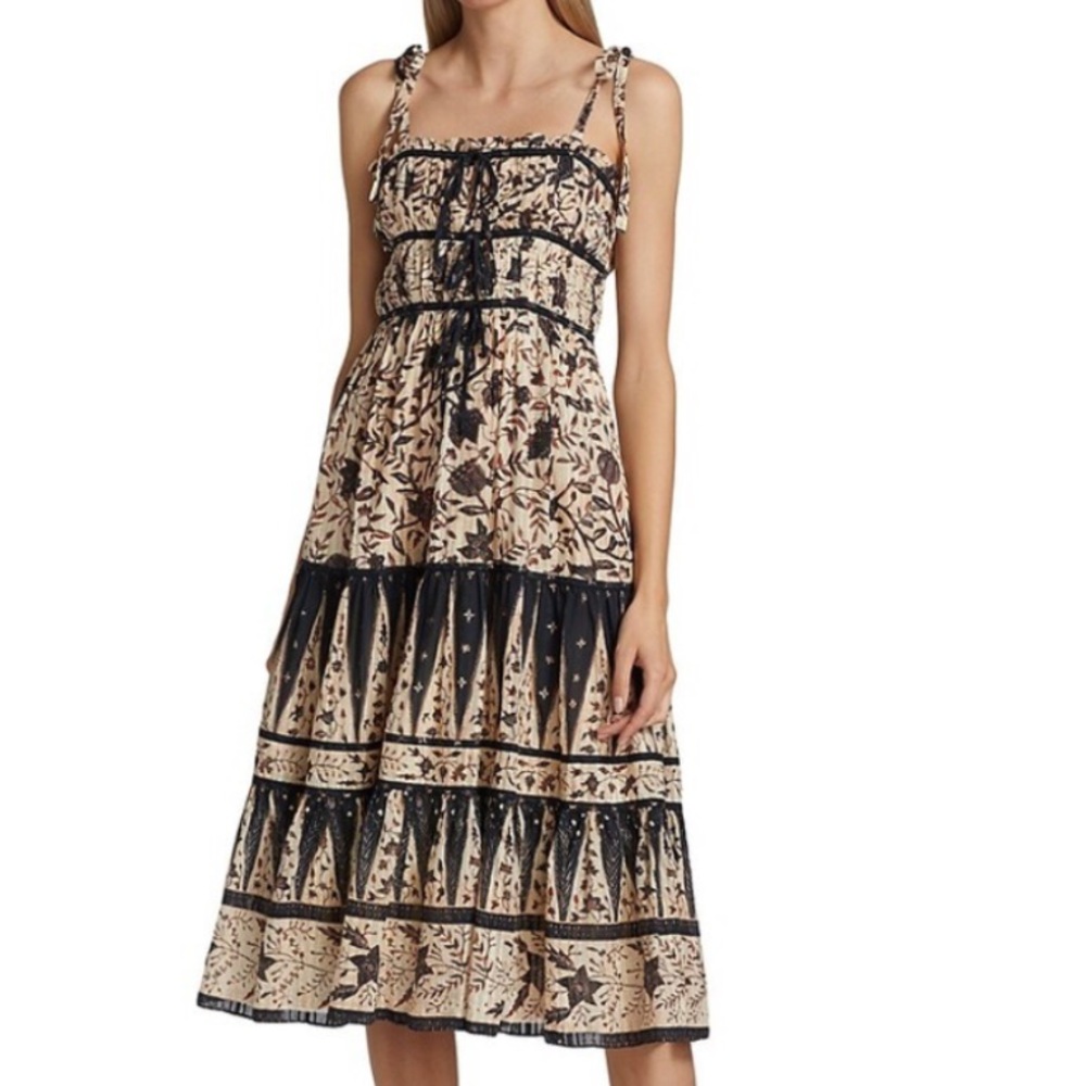 Ulla Johnson Beige and Black Floral Tiered Midi Dress